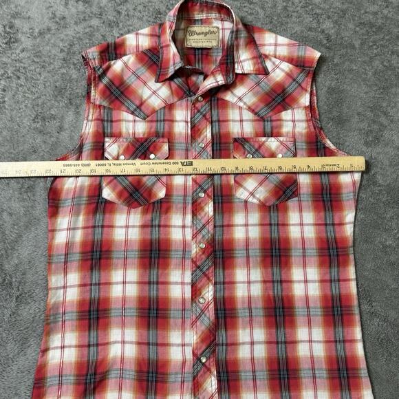 Wrangler Retro Sleeveless Red Plaid Pearl Snap Button Shirt L Rodeo Cowgirl Top - Picture 5 of 6